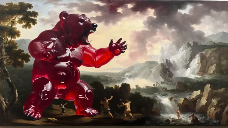 <lora:G30rg3B4rr3tSr_v1:1>, G30rg3B4rr3tSr oil painting, complex composition, epic landscape, attack of the giant translucent gummy bear, appocalypse,