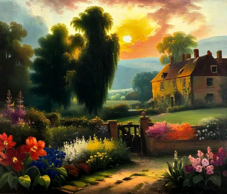 G30rg3B4rr3tSr, landscape, old english country house at sunrise, flowering garden, vibrant colors, rough brush, oil painting,   <lora:G30rg3B4rr3tSr_v1:1>  <lora:extremely_detailed:1>