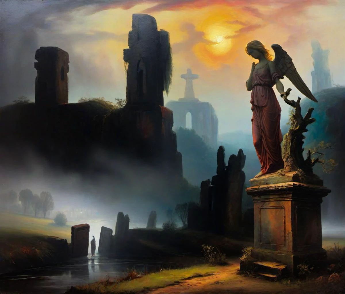 G30rg3B4rr3tSr, landscape, forgotten tomb in the moor, old weathered angel statue in distance, fog, mysterious, vibrant colors, rough brush, oil painting, <lora:G30rg3B4rr3tSr_v1:1> <lora:extremely_detailed:1>