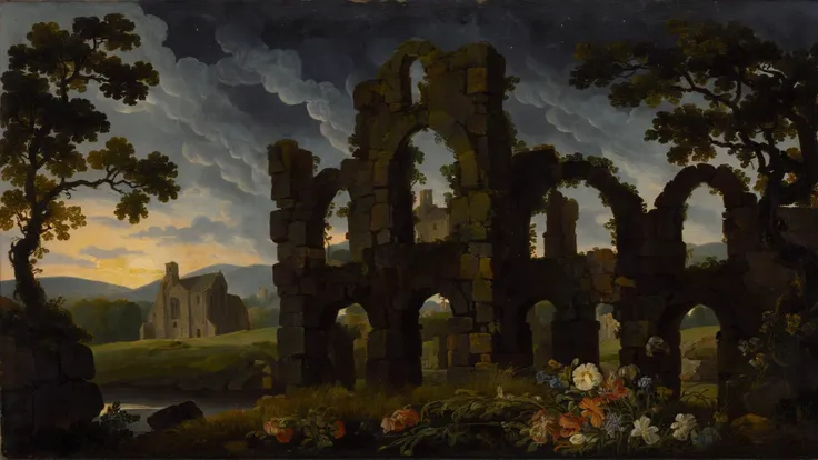 <lora:G30rg3B4rr3tSr_v1:1>, G30rg3B4rr3tSr  oil painting, fantasy, celtic art, multiple perspectives, complex composition, abandonned church ruins, night sky, trees, grass, flowers, cobblestone walls