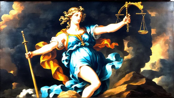 <lora:G30rg3B4rr3tSr_v1:1>, G30rg3B4rr3tSr oil painting, minerva the goddess of justice