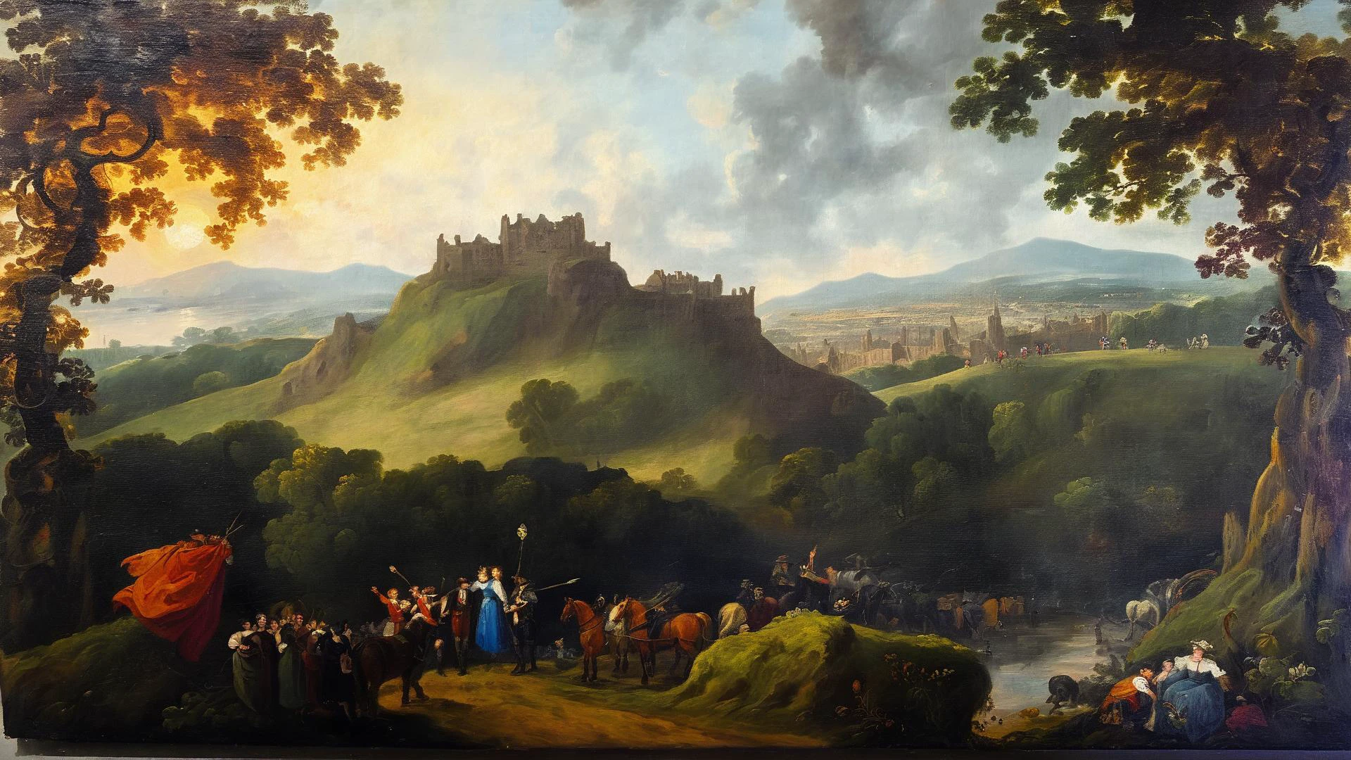 <lora:G30rg3B4rr3tSr_v1:1>, G30rg3B4rr3tSr oil painting, summer time, epic landscape, beltane festival, edinburgh