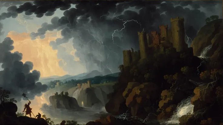 <lora:G30rg3B4rr3tSr_v1:1>, G30rg3B4rr3tSr oil painting, fantasy, horror, thunder god, thunderstorm, rain, castle on top of cliff