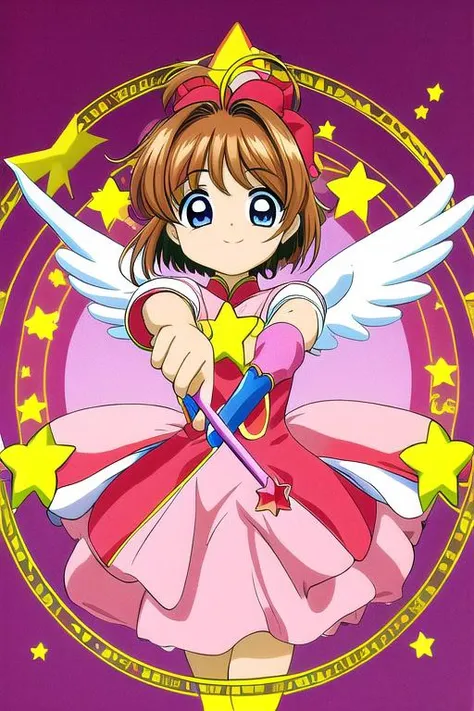 ,masterpiece, best quality,ultra detail, <lora:anmnr01:0.3> <lora:add_detail:0.5>,<lora:GoodHands-vanilla:0.8>,1girl, <lora:Card Captor Sakura Anime:0.7>, kinomoto sakura,,costume,magic circle,star stick,angelic wing,short hair