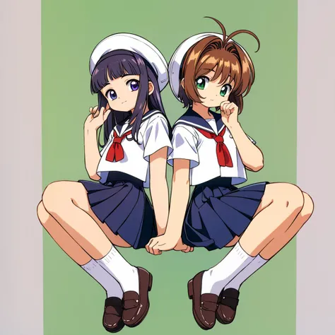 (perfect legs, perfect hands, perfect anatomy)
(side-by-side, 2girls, full body)
<lora:Card Captor Sakura Anime:0.8>,(kinomoto sakura, green eyes, brown hair, short hair, antenna hair), (daidouji tomoyo, long hair, hairband, purple eyes, black hair, blunt bangs)
(tomoeda uniform, school uniform, hat, short sleeves, black skirt, white headwear, sailor collar, white shirt, shirt)
