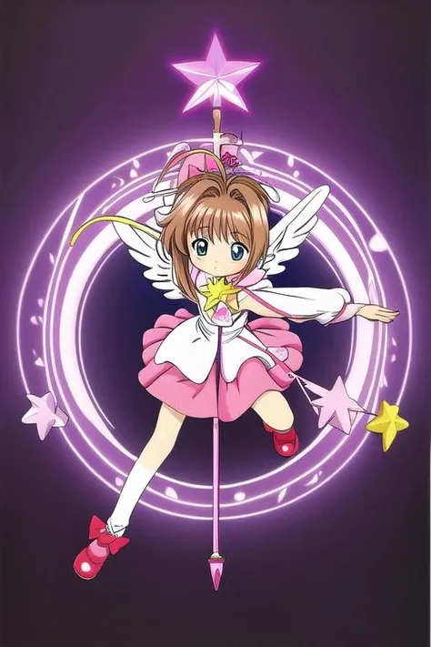 One girl, kinomoto sakura, Animal ears, Close one eye, Cat ear, alone, tail, Brown Hair, Bell, green eyescat tail, Magical girl, dress, PAW Pose, short hair, smile, Open your mouth, 1990s (style), retro artstyle, ;d, jingle Bell, Cane, View your viewers, pink dress, Antenna Hair,（（naked、Nipples、Butt））