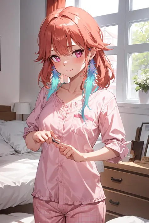 bedroom, 1girl, pink pajamas, cowboy shot, feather earrings, <lyco:Kiara-LoCon32V2-000009:0.9>