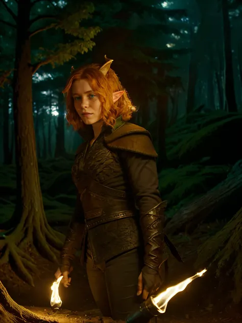 <lora:s0ph-06:0.5> <lora:s0ph-04:0.5> s0ph, solo,a woman , doric hair,wearing doric armor,holding a torch,horns,freckles,forest,night,bokeh,masterpiece,neon light,volumetric lighting,8k,highly detailed skin,pores,cinematic