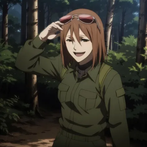 high quality,solo,forest,cowboy shot,
<lora:Mild001:0.7>,smile,open mouth,
Mild,1woman,
eyewear on head,
military uniform,pants,