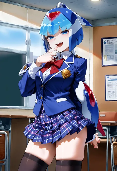 score_9, score_8, score_7_up, 1girl, leviathan \(mega man\), blue eyes, android, helmet, thighhighs, school uniform, skirt, (smug, open mouth, ;3), hand to own mouth, classroom,  <lora:(Megaman Zero) Fairy Leviathan [508483]:0.8>