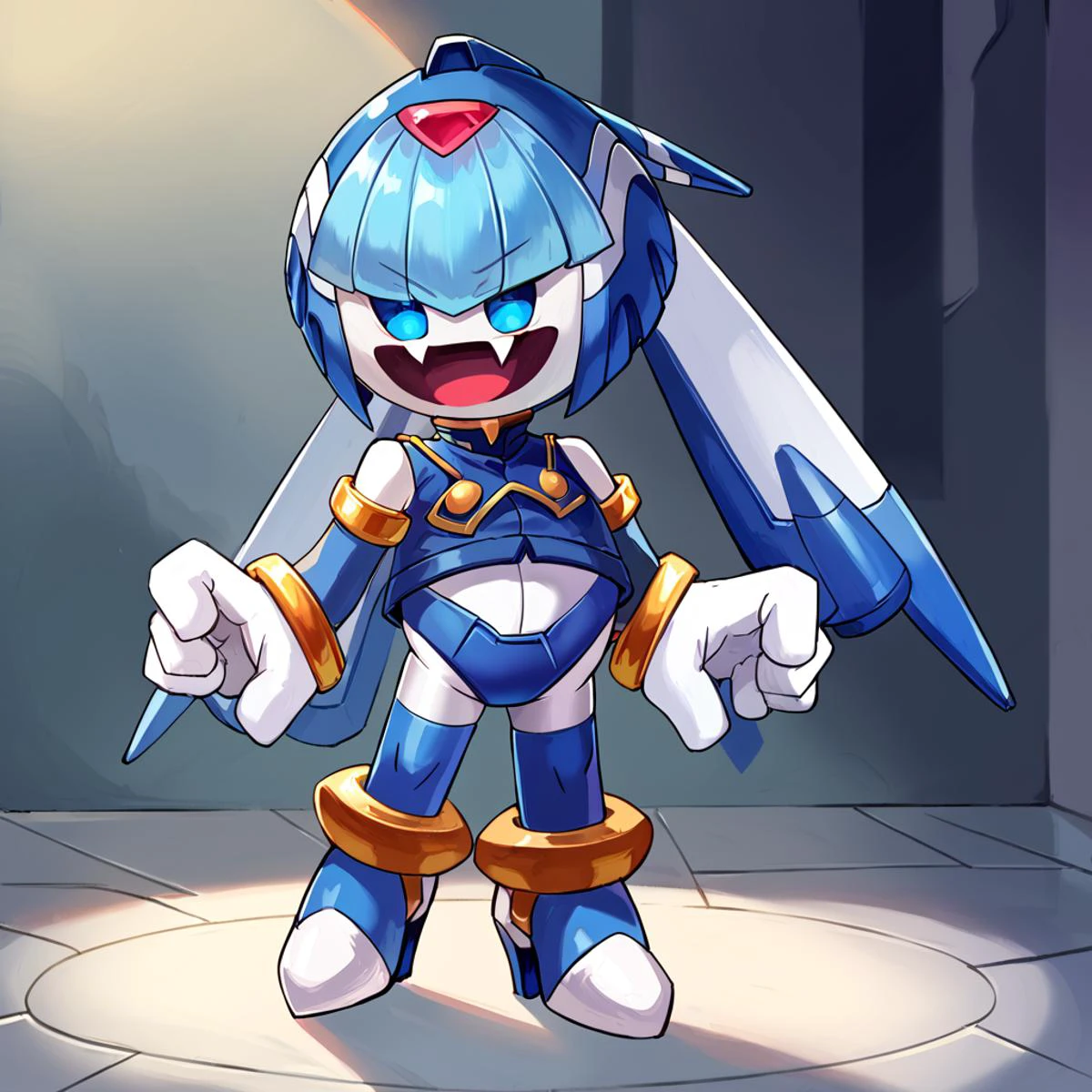 score_9, score_8_up, score_7_up, score_6_up, score_5_up, score_4_up, BREAK, (jackfrostmaker, open mouth, creature, fang, full body, white skin, no humans, chibi), (leviathanbase, mechanical hair, helmet, blue hair, low twintails, blue eyes, blue vest, gold armlet, detached sleeves, gold bracelet, white gloves, blue thighhighs, gold thighlet, crotch plate, anklet, high heels, white bodysuit, white skin, robot joints)