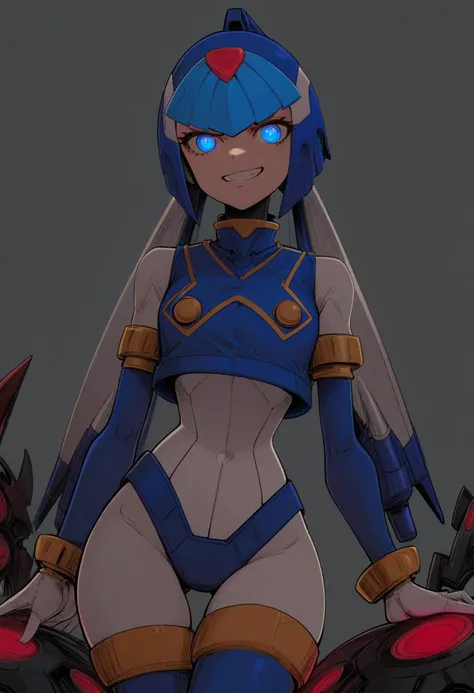 score_9, score_8_up, score_8,
((1girl, solo, female)), (leviathanbase)
(anime art style),
(robot joints)
(standing), (cowboy shot: 1.3),
(blue vest, gold armlet, detatched sleeves, gold bracelet, white gloves, blue thighboots, gold thighlet, crotch plate, white bodysuit, thigh gap),
((mechanical hair, helmet, blue hair, low twintails)), (blue eyes, large pupils, black pupils) (young woman, medium, average body), (white skin, fair skin), (looking away, grinning, evil grin), (grey background, good lighting),
(fca style, Expressiveh)