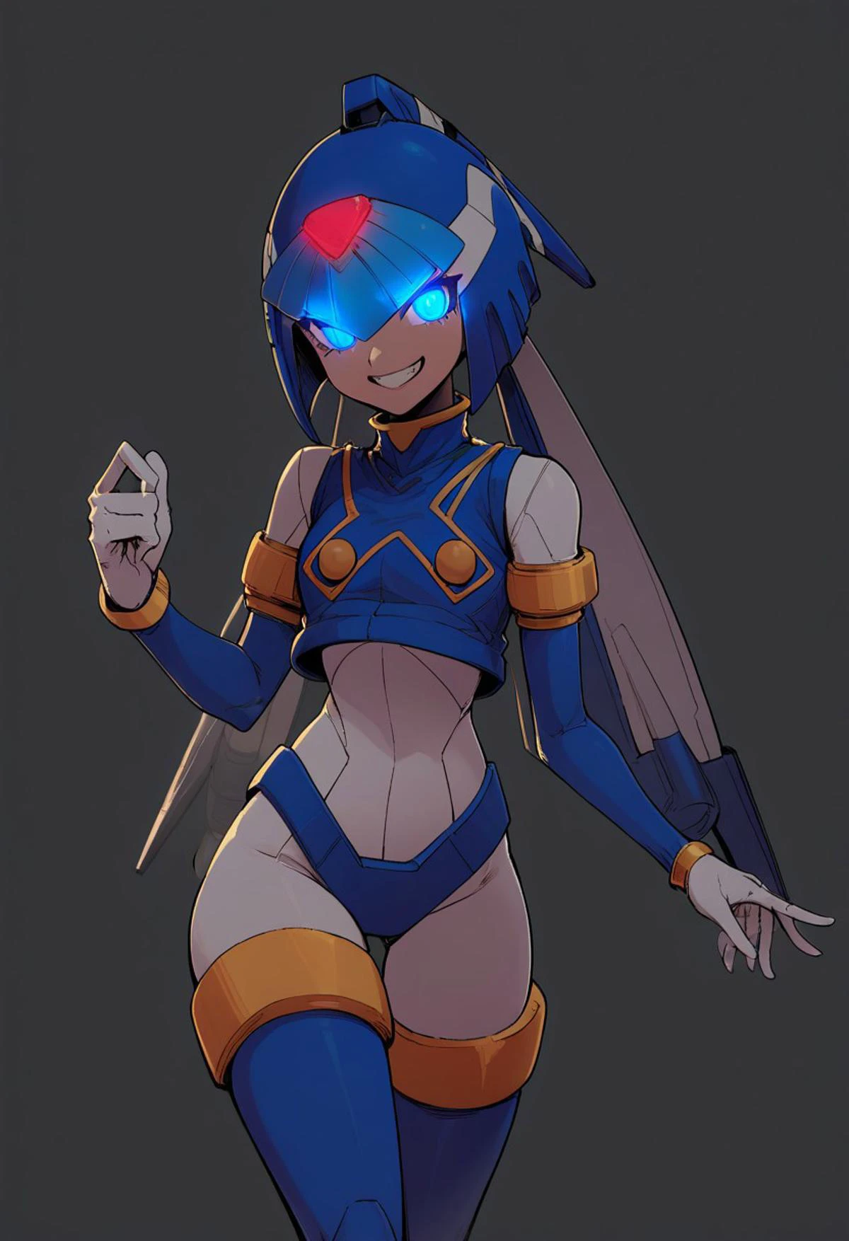 score_9, score_8_up, score_8,
((1girl, solo, female)), (leviathanbase)
(anime art style),
(robot joints)
(standing), (dynamic pose, lunging forward),
(blue vest, gold armlet, detatched sleeves, gold bracelet, white gloves, blue thighboots, gold thighlet, crotch plate, white bodysuit, thigh gap),
((mechanical hair, helmet, blue hair, low twintails)), (blue eyes, large pupils, black pupils, glowing eyes) (young woman, medium, average body), (white skin, fair skin), (looking at viewer, grinning, evil grin), (grey background, good lighting),
(fca style, Expressiveh)