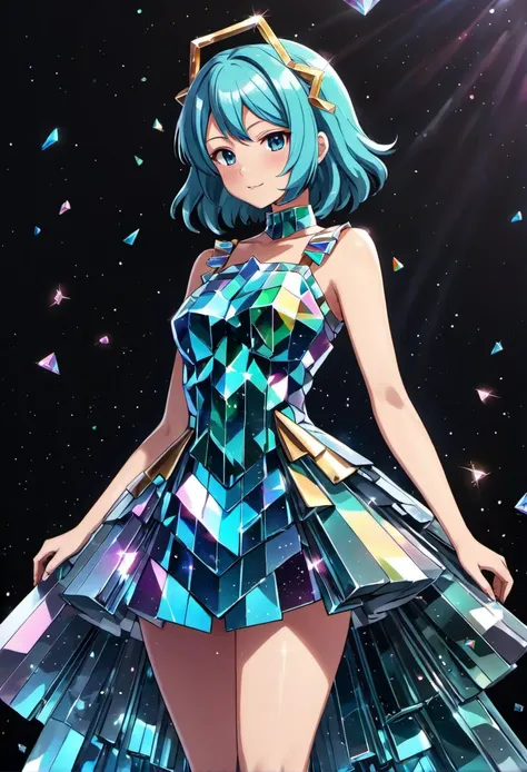 anime style, a woman wearing a dress made out of crystalized bismuth