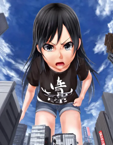 masterpiece, best quality, highest quality, highres, absurdres, extremely detailed, anime style, <lora:Yumi_Yamaguchi:.7>, 1girl, solo, x hair ornament, t-shirt, shorts, long hair, looking down, looking at viewer, angry, glare,<lora:jvdaniangXL-beta-fix:.8> jvdaniang, giantess, looming over tokyo, <lora:angry:.5>, pov, from below