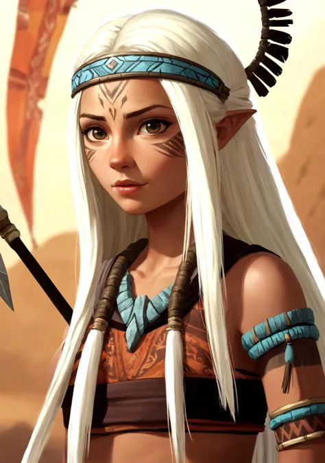 CRN1.2, ((masterpiece)), ((best quality)), 1girl, blonde, tribal clothing, holding a spear