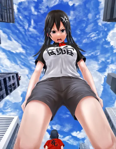 masterpiece, best quality, highest quality, highres, absurdres, extremely detailed, anime style, <lora:Yumi_Yamaguchi:.7>, 1girl, solo, x hair ornament, t-shirt, shorts, long hair, looking down, looking at viewer, angry, glare,<lora:jvdaniangXL-beta-fix:.8> jvdaniang, giantess, looming over tokyo, <lora:angry:1>, pov, from below
