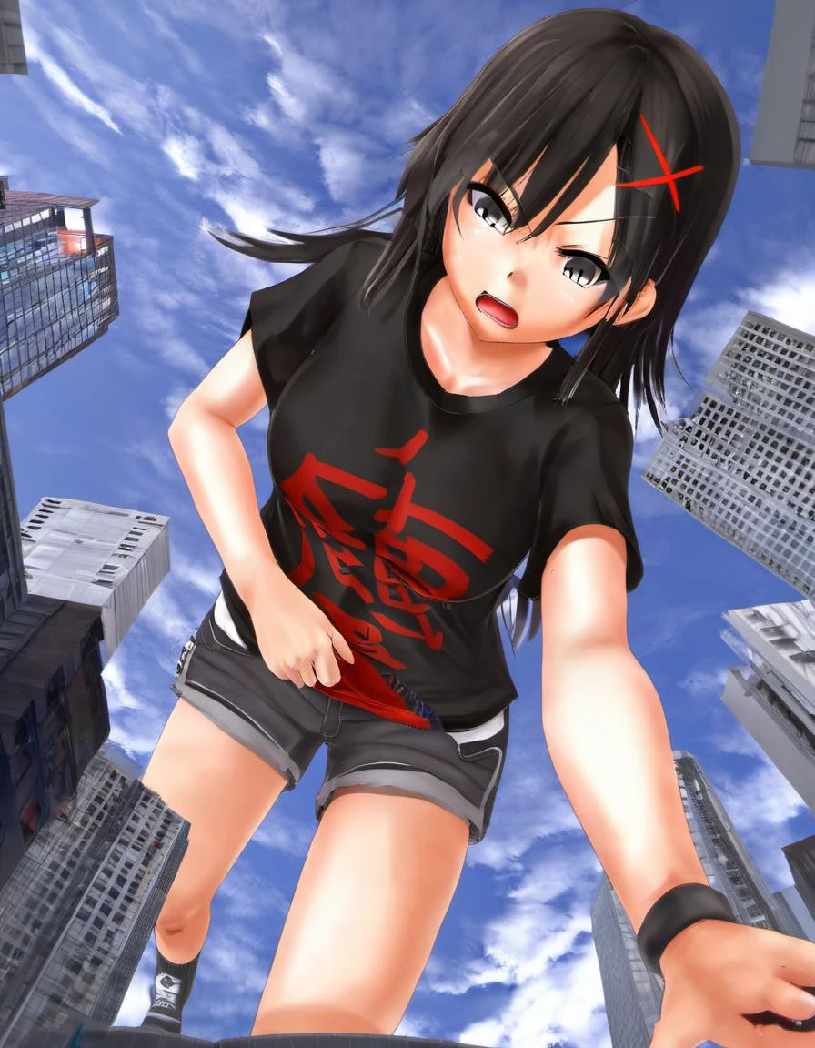 masterpiece, best quality, highest quality, highres, absurdres, extremely detailed, anime style, <lora:Yumi_Yamaguchi:.7>, 1girl, solo, x hair ornament, t-shirt, shorts, long hair, looking down, looking at viewer, angry, glare,<lora:jvdaniangXL-beta-fix:.8> jvdaniang, giantess, looming over tokyo, <lora:angry:.5>, pov, from below