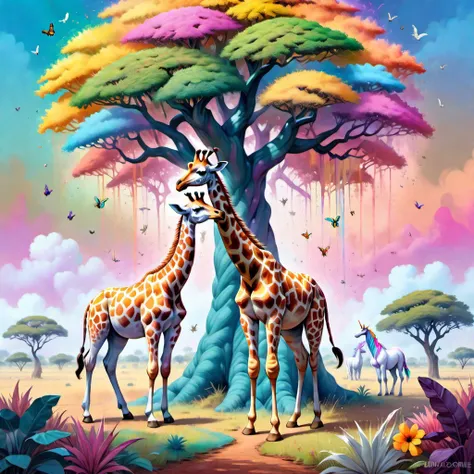 {"prompt": "((oil painting)), 1 giraffe, many unicorns, A traditional African landscape ((The giraffe is bigger all the others in the landscape and chilling under a tree bigger then him..next to him on either side are a row are psychedelic unicorns)) the giraffe is looking directly ahead into the distance,(((psychedelic unicorns can only stare and wonder at the giraffe what he is looking at))) landscape packed with African wildlife, African insects, African plants, African animals, Intricate textures, (high detailed skin:1.5) Soft vibrant Lens, Ultra High Definition, Detailed and Intricate, vivid colors, Beautiful Lighting, Clean & clear, Photo realistic, photo-realism", "negative_prompt": "(worst quality:1.6),(low quality:1.6),", "seed": 1301748946, "use_stable_diffusion_model": "darkblueaphroditeNSFWHentai_v20", "clip_skip": true, "use_controlnet_model": null, "use_vae_model": "", "sampler_name": "dpmpp_2m", "width": 1024, "height": 1024, "num_inference_steps": 77, "guidance_scale": 11.0, "use_lora_model": "ChalkDustStyleSDXL", "lora_alpha": 0.65, "use_embeddings_model": null, "tiling": null, "use_face_correction": "codeformer", "use_upscale": null}