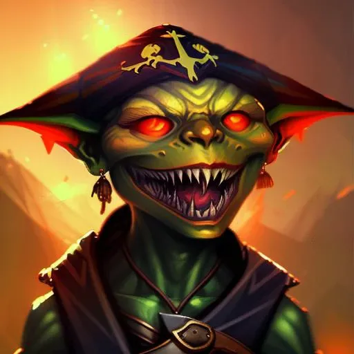 Close-up Portrait of Assyria Pathfinder_Goblin, Pirate Volumetric lighting, concept art, brush stroke style, artstation, trending, highly detailed, art by greg rutkowski