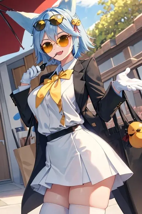best quality, masterpiece, highres, solo, {black business suit:1.40}, {tie:1.20}, {sunglasses:1.25}, {white gloves:1.15}, {white shirt:1.10}, {black skirt:1.15}, {smoking:1.20}, handsome, {fubuki_azurlane:1.15}, blue_hair, yellow_eyes, short_hair, animal_ears, hair_ornament, bell, open_mouth, hair_bell, smile, fox_ears, jingle_bell, blush, fang, breasts