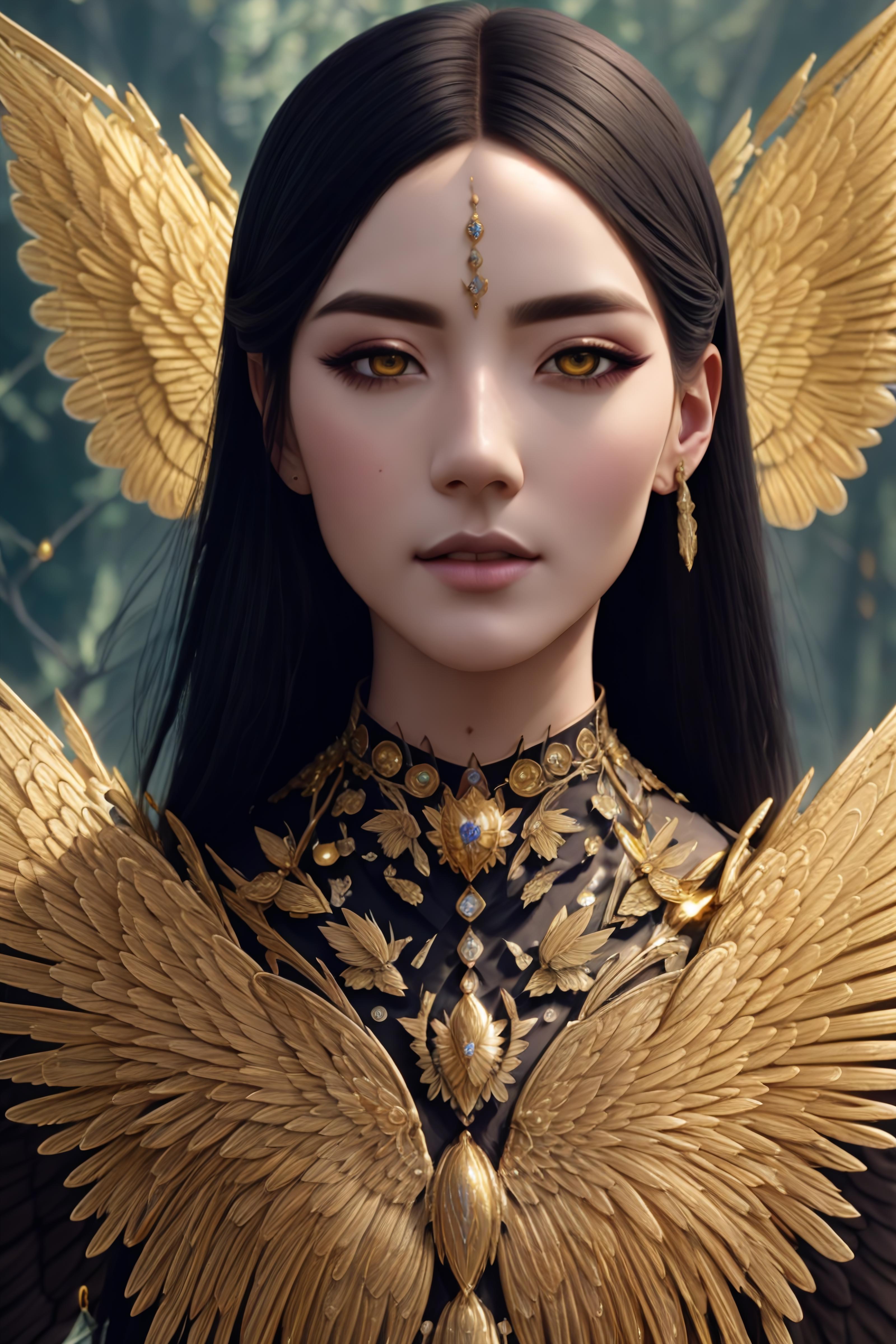 A woman with gold wings and a black dress - SeaArt AI