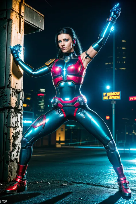 <lora:quiron_NikkyRider_v4_lora:0.87> <lora:quiron_Jaspion_v1_Lora:0.47>, (realistic), cyberpunk style, cinematic photo, NikkyRiderQuiron woman, blue eyes, Nikky Rider as cyberpunk JaspionQuiron character wearing (rogue from xmen) costume with (metallic details) with rusty and damage (cybernetic arm and leg) , dynamic posture, perfect hands, dynamic posture, (ai artwork by Quiron:0.1), neon light, night, insane level of details, trending on artstation, cinematic light, side lighting, best shadow, 8k uhd, dslr, soft lighting, high quality, film grain, Fujifilm XT3, (cyberpunk city background)