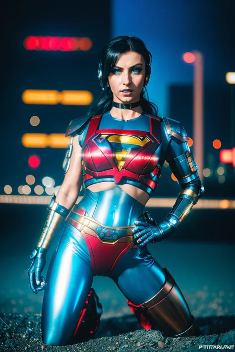 <lora:quiron_NikkyRider_v4_lora:0.87> <lora:quiron_Jaspion_v1_Lora:0.47>, (realistic), cyberpunk style, cinematic photo, NikkyRiderQuiron woman, blue eyes, Nikky Rider as cyberpunk JaspionQuiron character wearing (supergirl) costume with (metallic details) with rusty and damage (cybernetic arm and leg) , dynamic posture, perfect hands, (ai artwork by Quiron:0.1), neon light, night, insane level of details, trending on artstation, cinematic light, side lighting, best shadow, 8k uhd, dslr, soft lighting, high quality, film grain, Fujifilm XT3, (cyberpunk city background)