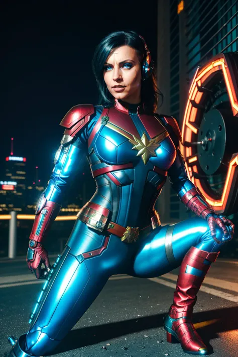 <lora:quiron_NikkyRider_v4_lora:0.87> <lora:quiron_Jaspion_v1_Lora:0.37>, (realistic), cyberpunk style, cinematic photo, NikkyRiderQuiron woman, blue eyes, Nikky Rider as cyberpunk JaspionQuiron character wearing (captain marvel) costume with (metallic details) with rusty and damage (cybernetic arm and leg) , dynamic posture, perfect hands, (ai artwork by Quiron:0.1), neon light, night, insane level of details, trending on artstation, cinematic light, side lighting, best shadow, 8k uhd, dslr, soft lighting, high quality, film grain, Fujifilm XT3, (cyberpunk city background)