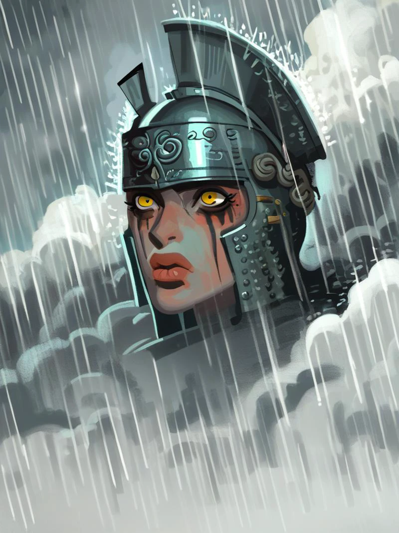 the female knight in the rainstorm, heavy rain, dark clouds, lighting, open helmet, lips
score_8_up <lora:Silly Dark Fantasy:1>