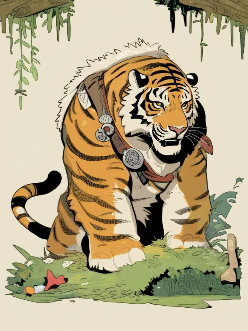 the tiger in the jungle, (silly dark fantasy:1.2)
score_8_up <lora:Silly Dark Fantasy:1>