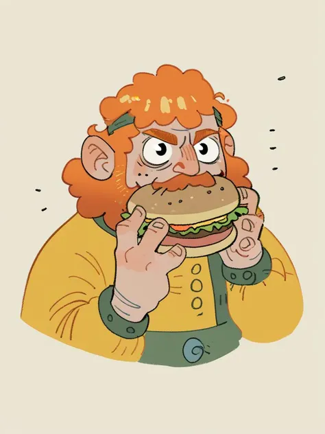 dwarf eating hamburger,  eating hamburger, (hamburger), orange beard
 score_8_up <lora:Silly Dark Fantasy:1>