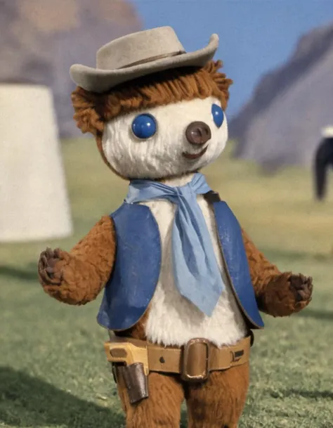 colargolstyle colargol photo of the bear wearing cowboy clothes and hat in the wild west, high quality, very sharp, professional photography <lora:hjcolargol_v11xl:0.75>