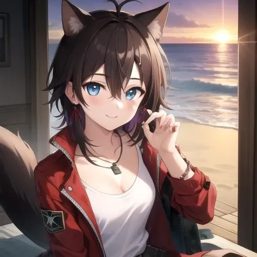 ((masterpiece)),(best quality),official art,extremely detailed CG,unity 8k wallpaper,ultra detailed,beautiful purple sunset at beach,1girl,solo,upper body,(portrait:1.2),stainless (arknights),medium breasts,long hair,animal ears,blue eyes,brown hair,boots,shirt,jewelry,tail,looking at viewer,necklace,black footwear,pants,smile,short hair,coat,hair between eyes,<lora:Stainless(ark)>,