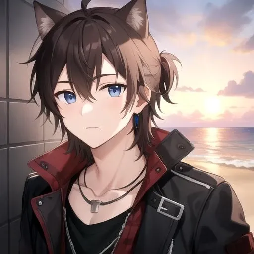 ((masterpiece)),(best quality),official art,extremely detailed CG,unity 8k wallpaper,ultra detailed,beautiful purple sunset at beach,1boy,solo,upper body,(portrait:1.2),stainless (arknights),animal ears,blue eyes,brown hair,boots,shirt,jewelry,tail,looking at viewer,necklace,black footwear,pants,smile,short hair,coat,hair between eyes,<lora:Stainless(ark)>,