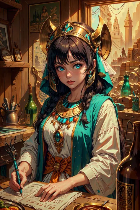 (masterpiece:1.2), (best quality:1.2), (ultra detailed:1.2), <lora:add_detail_v5:1>, <lora:sharpen-soften:-0.25>, <lora:realistic:0.3>, <lora:kittew_v0.1:0.4>,
1 girl, adult (elven:0.7) woman, turquoise eyes, white fringe hair,
portrait, solo, upper body, looking at viewer, detailed background, detailed face, (<lyco:CulturePunkBundle-000007:0.5>, OldEgyptAI, ancient egyptian theme:1.1) bartender, simple orange clothes, rustic inn interior in background, rust, clutter, banners, flagon, tap, low light, fantasy atmosphere,