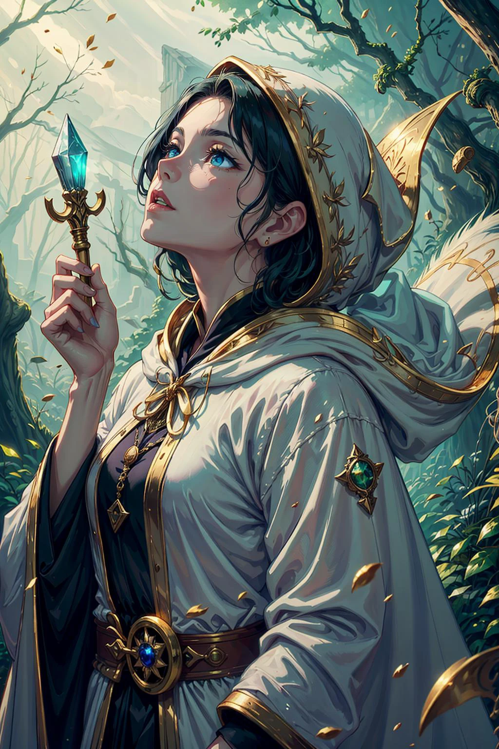 (masterpiece:1.2), (best quality:1.2), (ultra detailed:1.2), <lora:add_detail_v5:1>, <lora:sharpen-soften:-0.25>, <lora:realistic:0.3>, <lora:kittew_v0.1:0.4>,
1 girl, adult (elven:0.7) woman, light blue eyes, black quiff hair,
portrait, solo, upper body, looking up, detailed background, detailed face, (<lyco:DecorationBundlev2:0.4>, ivorygoldai, ivory-gold theme:1.1) venom-wizard, hooded wizard robes, purple color scheme, green eyes, green hair, pale complexion, bending poison, venomous, casting toxic purple magic curse, envenomed dagger, green glowing markings on body, floating particles, surrounded by eerie acidic power, forest in background, dark shadows, epic atmosphere,