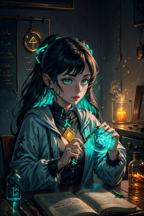 (masterpiece:1.2), (best quality:1.2), (ultra detailed:1.2), <lora:add_detail_v5:1>, <lora:sharpen-soften:-0.25>, <lora:realistic:0.3>, <lora:kittew_v0.1:0.4>,
1 girl, adult (elven:0.7) woman, freckles, amber eyes, gray textured hair,
portrait, looking at viewer, solo, half shot, detailed background, detailed face, (<lora:GlowingRunesAIv4:0.6>, GlowingRunesAI_green, glowing runes theme :1.1), medieval alchemist, workshop in background, metal container, tubes, vials, posion, fumes, [lead fluorescent liquid, manuscript, alchemical fomula, glowing magical symbols, forbidden science, magical fantasy atmosphere, metaphysics,