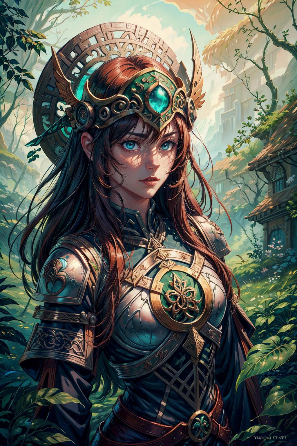 (masterpiece:1.2), (best quality:1.2), (ultra detailed:1.2), <lora:add_detail:1>, <lora:sharpen-soften:-0.25>, <lora:realistic:0.3>, <lora:kittew_v0.1:0.4>,
(1man, old irish male:1.2), frail, jade eyes, auburn hair, textured crop,
Style-GravityMagic, portrait, solo, upper body, looking down, detailed background, detailed face, (<lora:CeltPunkAI:0.5>, CeltPunkAI, celtic theme:1.1) flower-knight, wooden armor, union of vines with metal, layered armor, flower helm, dynamic pose, stoic, leaf runes, glowing natural markings on skin, growth sigils etched in armor, overgrown plants orchard left to nature in background, butterflies, wind blowing, shadowy backdrop, mystical atmosphere,