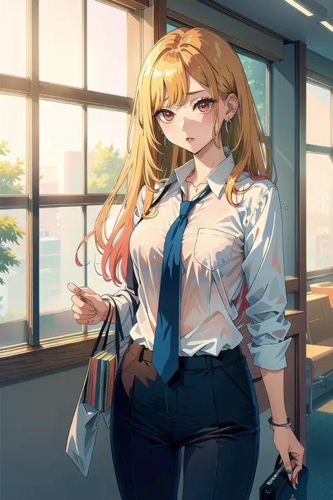 (masterpiece:1.2), (best quality:1.2), (ultra detailed:1.1), cute kitagawa marin standing inside corporate office, aged down, blonde hair, long hair, multicolored hair, red eyes, jewelry, earrings, piercing, business suit, pendant, blue necktie , sweat, 1girl, bra visible through clothes,  <lora:kitagawa_marin_v1-1:1>