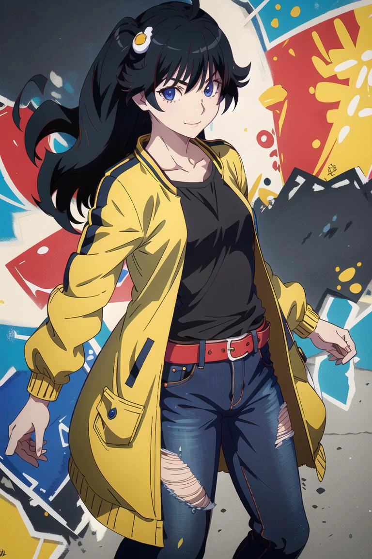 (masterpiece:1.2), (best quality:1.2), (ultra detailed:1.1),araragikaren, long hair, ahoge, short,egg hair ornament, colorful shirt,black torn jeans,open jacket,torn clothes,looking at viewer,standing against graffiti, ultra detailed background, light smile, beautiful blue eyes,flying colors <lora:araragi-karen-v1:0.85>