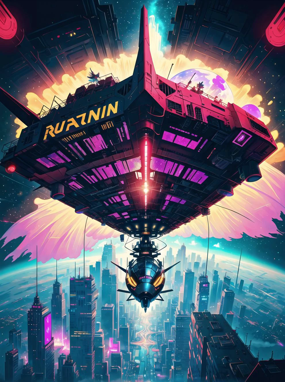 (masterpiece:1.2), (best quality:1.2), (ultra deteailed:1.2), volumetric light, ray tracing,finely detailed,absurdres,cute girl flying (ultra futuristic weaponized cyberpunk_aircraft flying:1.1) in space, ultra detailed background, galaxy, complex patterns,complicated geometry,(surreal:1.1),neon lights