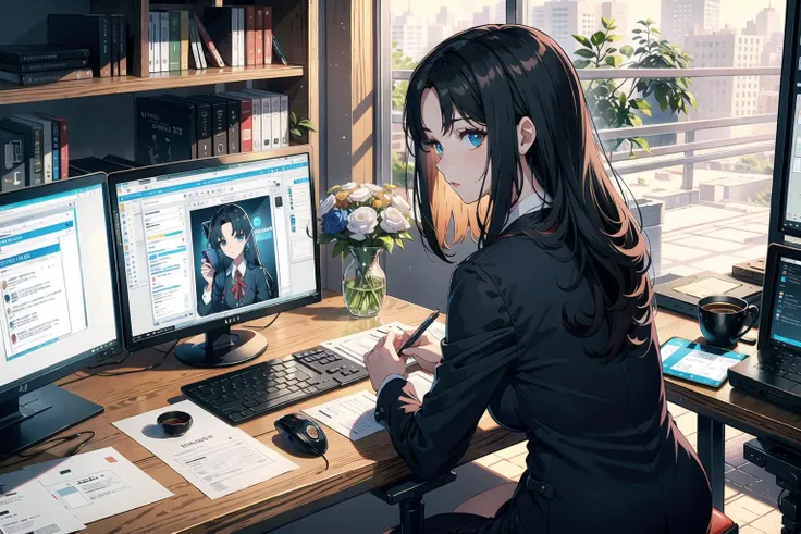 (masterpiece:1.2), (best quality:1.2), (ultra deteailed:1.2), volumetric light, ray tracing,finely detailed,absurdres,beautiful  (tohsaka rin:1.1) wearing an intricate business suit, sitting and working with a computer in (ultra detailed office:1.2),looking back,  (detailed clutter:1.2),pen,paper,multiple monitors, keyboard \(computer\), mouse \(computer\), speaker, laptop,beautiful long black hair,office chair, 1girl,(glowing gems:1.2) on table, surrounded by wire,coffee,plate, teddy bear on table,  cellphone, 
 on table