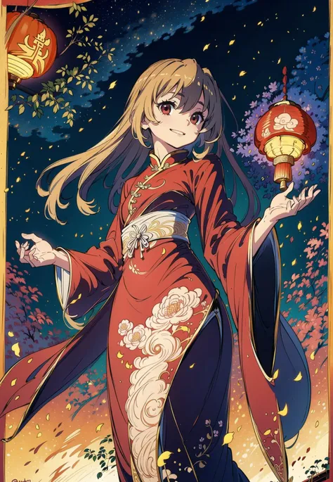 beautiful short aisaka taiga wearing (ultra complex detailed intricate beautiful chinese clothes:1.3),  extremely long hair, chinese_lantern_flying_in_air, standing outside in a beautiful meadow, beautiful red eyes,  official art, unity 8k wallpaper,masterpiece, night, beautiful starry sky,light smile, (extremely beautiful background:1.2),from below,fireworks in sky, delicate face, <lora:Taiga Aisaka:0.8>