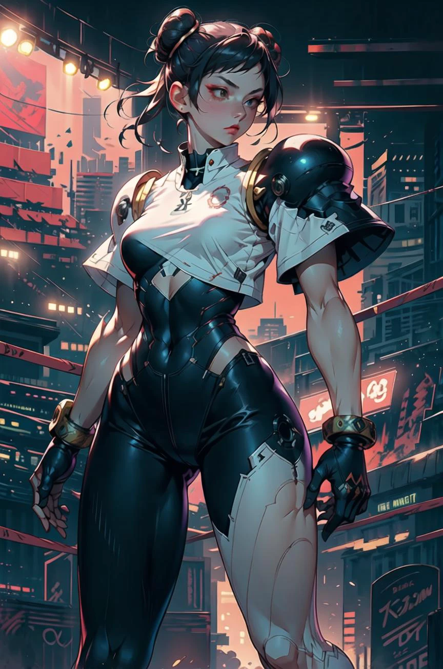 (masterpiece:1.2), (best quality:1.2), (ultra detailed:1.1), chunlims kicking, hair bun, double bun, eyeshadow, makeup,pelvic curtain, solo, bracelet, makeup, short sleeves, wide hips, thick thighs,bare legs,android, cybersuit, exosuit, hardsuit, mechasuit, mecha, bulky, mechanical arm, mechanical arms,shoulder armor, upper armor,standing in boxing ring, dark shadows,spotlight,high contrast, retrowave,neon lights, <lora:ChunliMS:0.7> <lora:nijiarmor_v2:1> <lora:retrowave_0.12:0.3>