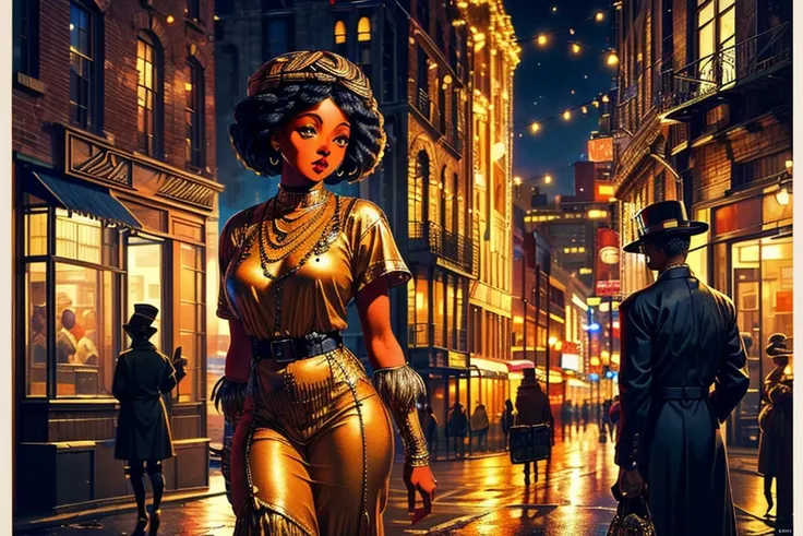 Harlem at the crack of dawn at Christmas time, (masterpiece:1.2), (best quality:1.2), (ultra detailed:1.2), <lora:add_detail:1>, <lora:sharpen-soften:-0.25>, <lora:realistic:0.3>, <lora:Black_Women:1>, (Harlem Renaissance art style :1.3), Dynamic, dramatic, 1920s African American culture, Harlem Renaissance art style