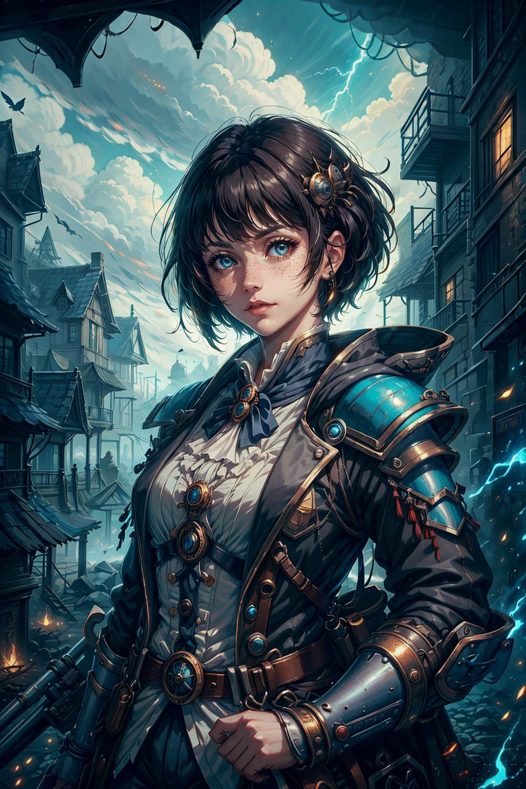 (masterpiece:1.2), (best quality:1.2), (ultra detailed:1.2), <lora:add_detail_v5:1>, <lora:sharpen-soften:-0.25>, <lora:realistic:0.3>, <lora:kittew_v0.1:0.4>,
1 girl, adult (elven:0.7) woman, freckles, teal eyes, dark brown razor cut hair,
(style-swirlmagic:0.9), (steampunk cyborg:0.8), portrait, looking at viewer, solo, half shot, detailed background, (<lora:MusketPunkAI:0.6>, MusketPunkAI theme:1.1) determined expression, bright clouds technomancer, floating metal scraps, light blue mechanical armor with straps, techwear, grenade, dark cave in background, gears, steam, industry, engineering, oil, anvil, buttons, clockwork, electricity, lightning