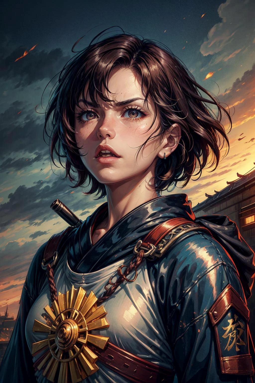 (masterpiece:1.2), (best quality:1.2), (ultra detailed:1.2), <lora:add_detail:1>, <lora:sharpen-soften:-0.25>, <lora:realistic:0.3>, <lora:kittew_v0.1:0.4>,
1 girl, adult (elven:0.7) woman, dark brown eyes, medium brown medium hair,
portrait, solo, upper body, looking up, detailed background, detailed face, (madmax theme:1.1), samurai, light brown samurai clothing, dynamic pose, angry, dojo in background, wind, cinematic atmosphere,