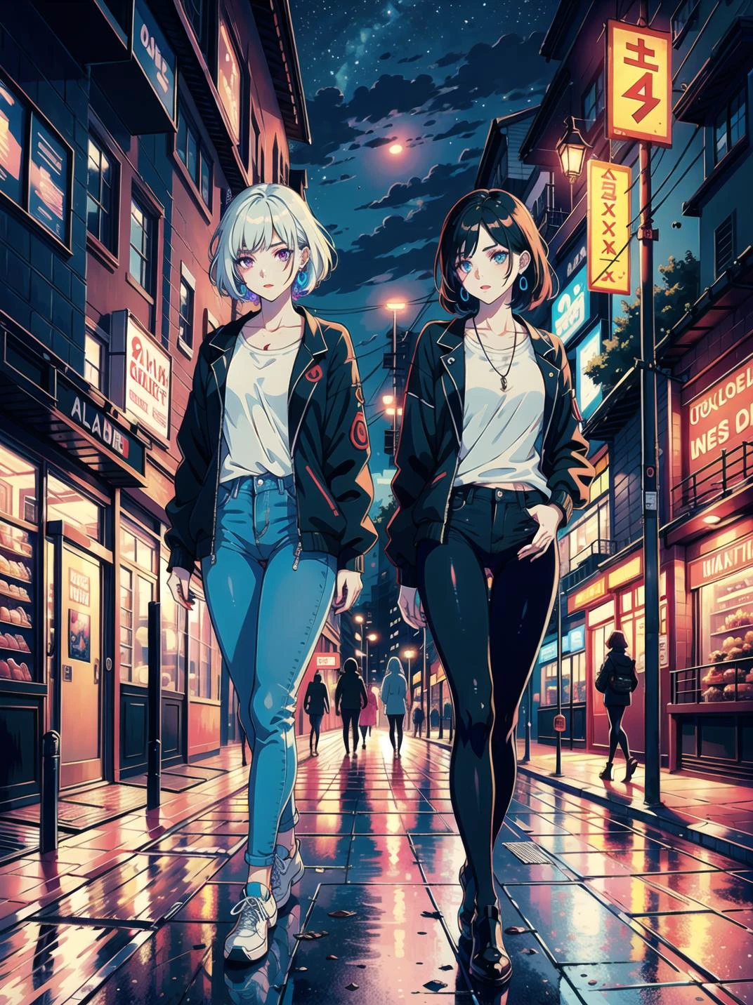 (masterpiece:1.2), (best quality:1.2), (ultra deteailed:1.2), volumetric light, ray tracing,finely detailed,absurdres,beautiful young 2girls,wearing extremely (modern fancy modern casual:1.2) clothes walking down modern street in city at night,rain, jewelry, (ultra detailed:1.1),neon lights, lamppost, starry sky, makeup,