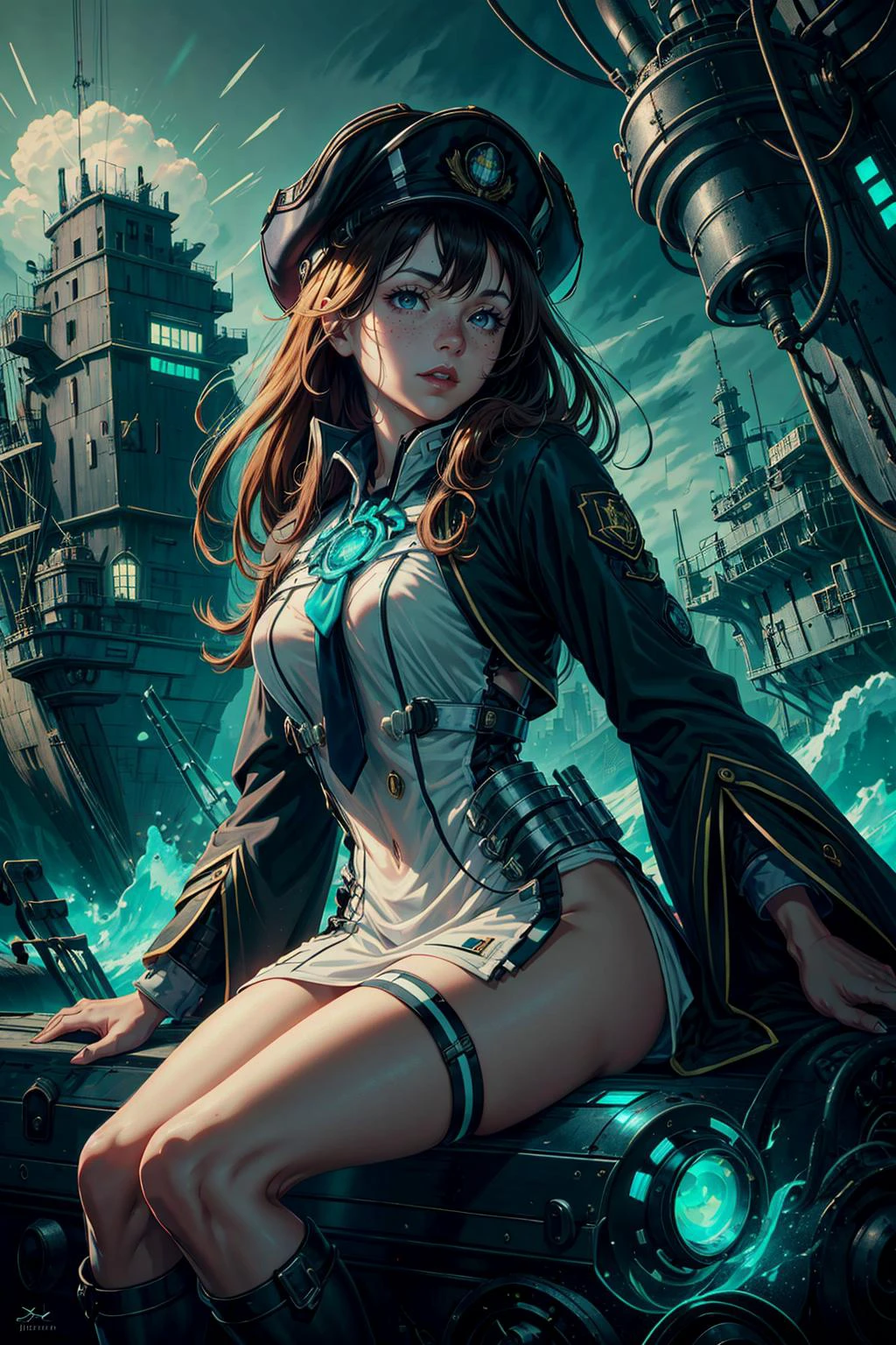 (masterpiece:1.2), (best quality:1.2), (ultra detailed:1.2), <lora:add_detail_v5:1>, <lora:sharpen-soften:-0.25>, <lora:realistic:0.3>, <lora:kittew_v0.1:0.4>,
1 girl, adult jewish woman, freckles, hazel eyes, ginger layered hair,
Style-GravityMagic, portrait, solo, half shot, looking at viewer, detailed background, detailed face, (<lora:UraniumTech:0.6>, radiation, nuclear, see-through, uraniumtech theme:1.1), admiral, blue elaborate admiral uniform, cloak, tricorn hat, insignia, dynamic pose, on deck of ship, sails, rigging, ship's bell, rocky cliffs in background, strategy, epic atmosphere,